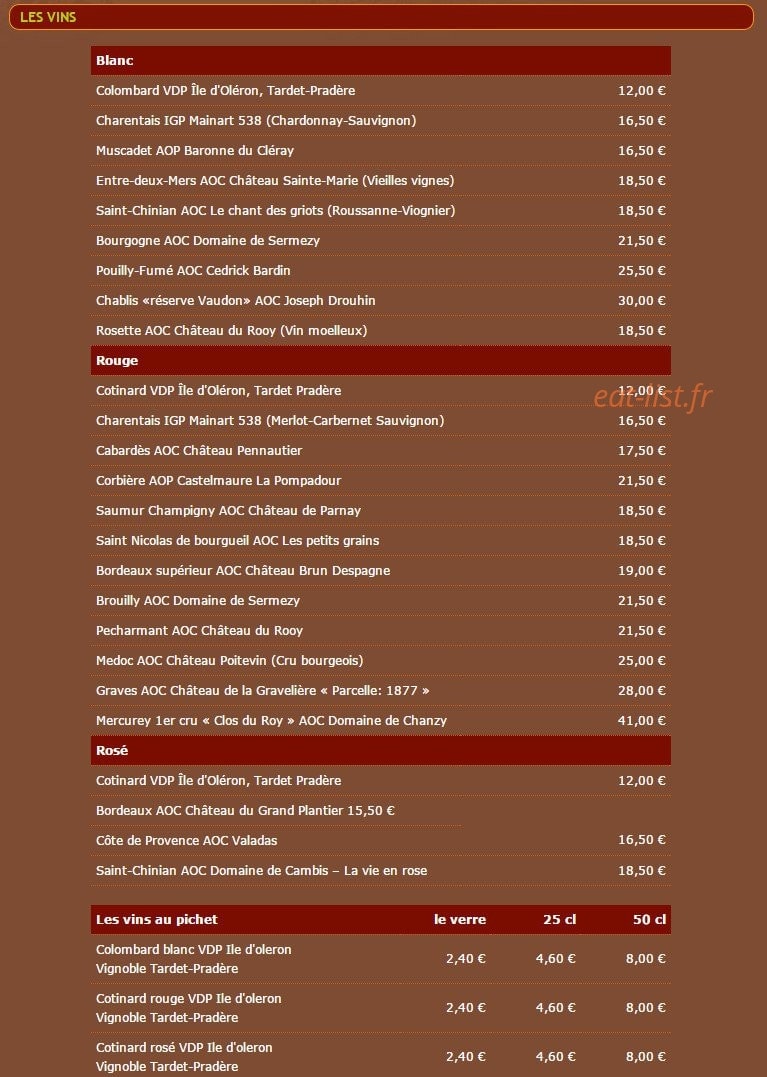Carte et menu de Le Quemao à Le Grand Village Plage — Les vins