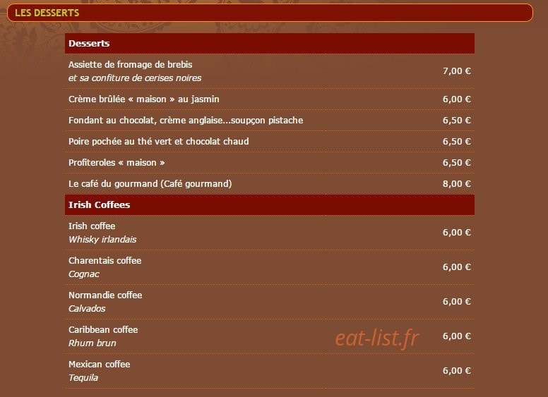 Carte et menu de Le Quemao à Le Grand Village Plage — Les desserts