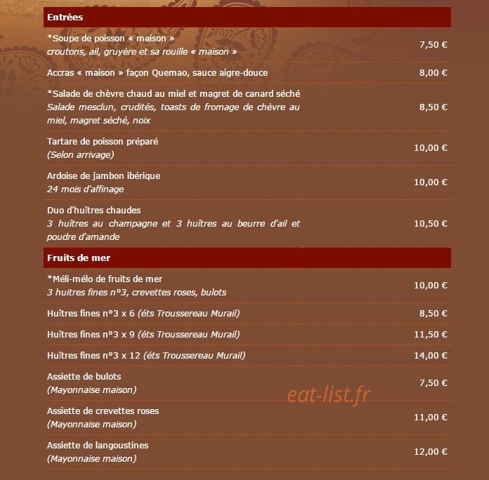 Carte et menu de Le Quemao à Le Grand Village Plage — Les entrées et fruits de mer