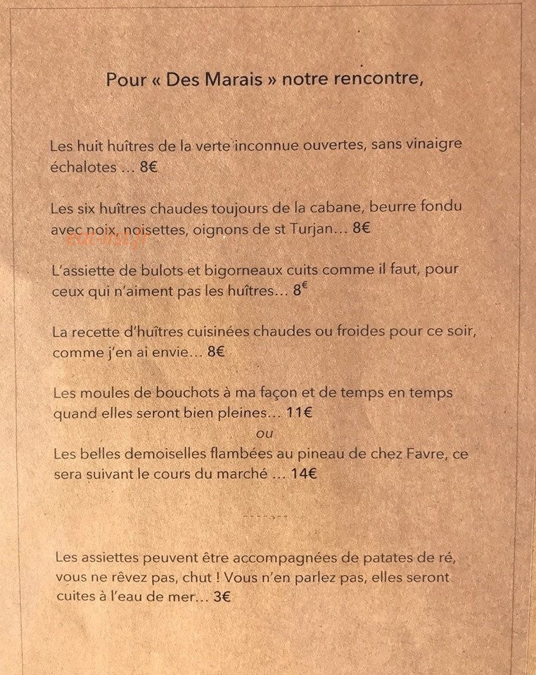 Carte et menu de La Verte Inconnue à Saint Trojan les Bains — Fruits de mer