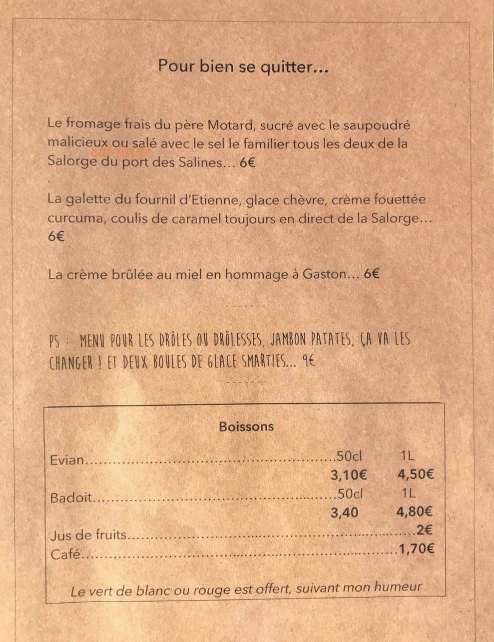 Carte et menu de La Verte Inconnue à Saint Trojan les Bains — Desserts et boissons