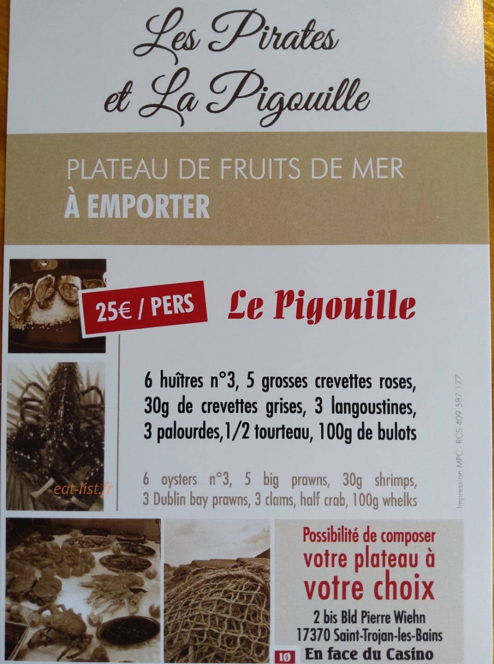 Carte et menu de Les Pirates et la Pigouille à Saint Trojan les Bains — Les plateaux de fruit de mer