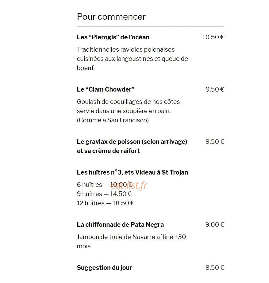 Carte et menu de Les poissons rouges à Saint Trojan les Bains — Pour commencer