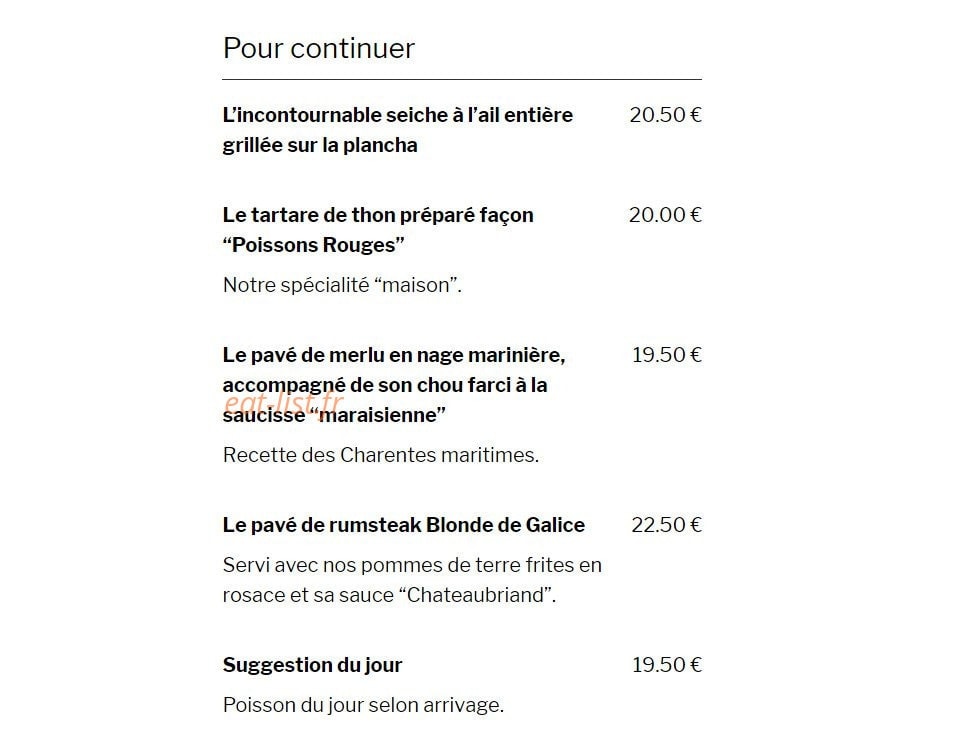 Carte et menu de Les poissons rouges à Saint Trojan les Bains — Pour continuer