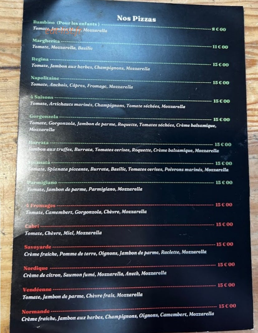 Carte et menu de La Dernière Séance d'Y à Saint Jean d'Angely — Les pizzas