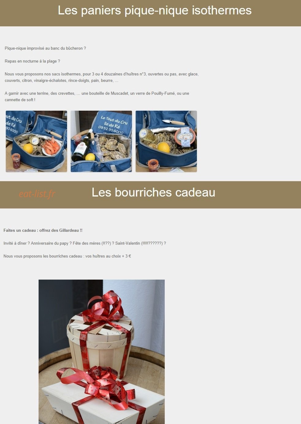Carte et menu de Le Tout du Cru à Saint Martin de Re — Les paniers pique nique et les bourriches cadeau