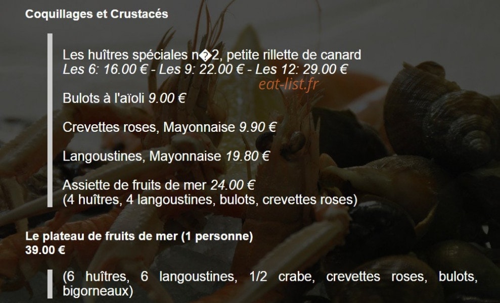 Carte et menu de Le Flandre à Saint Palais sur Mer — Fruits de mer