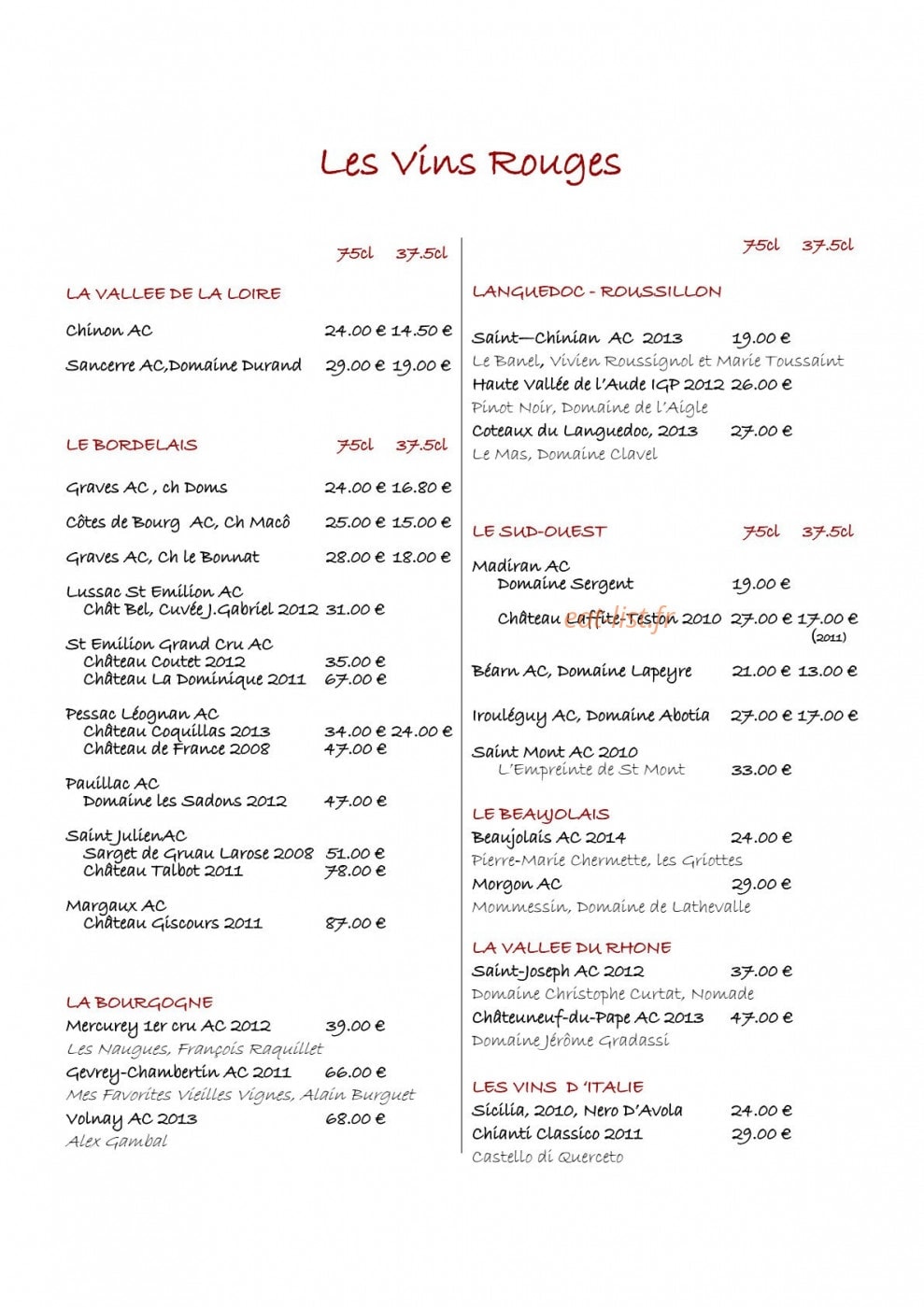 Carte et menu de Le Flandre à Saint Palais sur Mer — Vins suite
