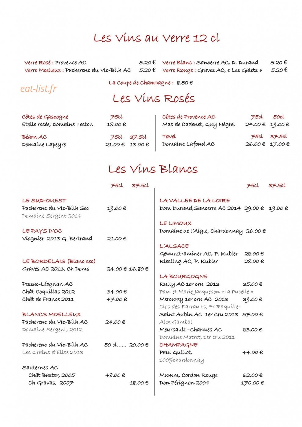 Carte et menu de Le Flandre à Saint Palais sur Mer — Vins
