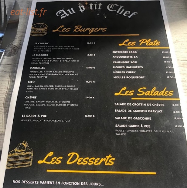 Au P'tit Chef — carte page 1