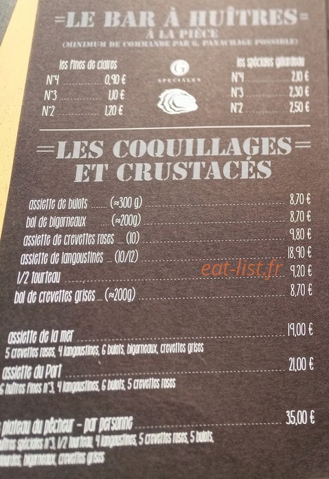 Carte et menu de L'Atelier à Le Chateau d'Oleron — Les coquillages et crustacés