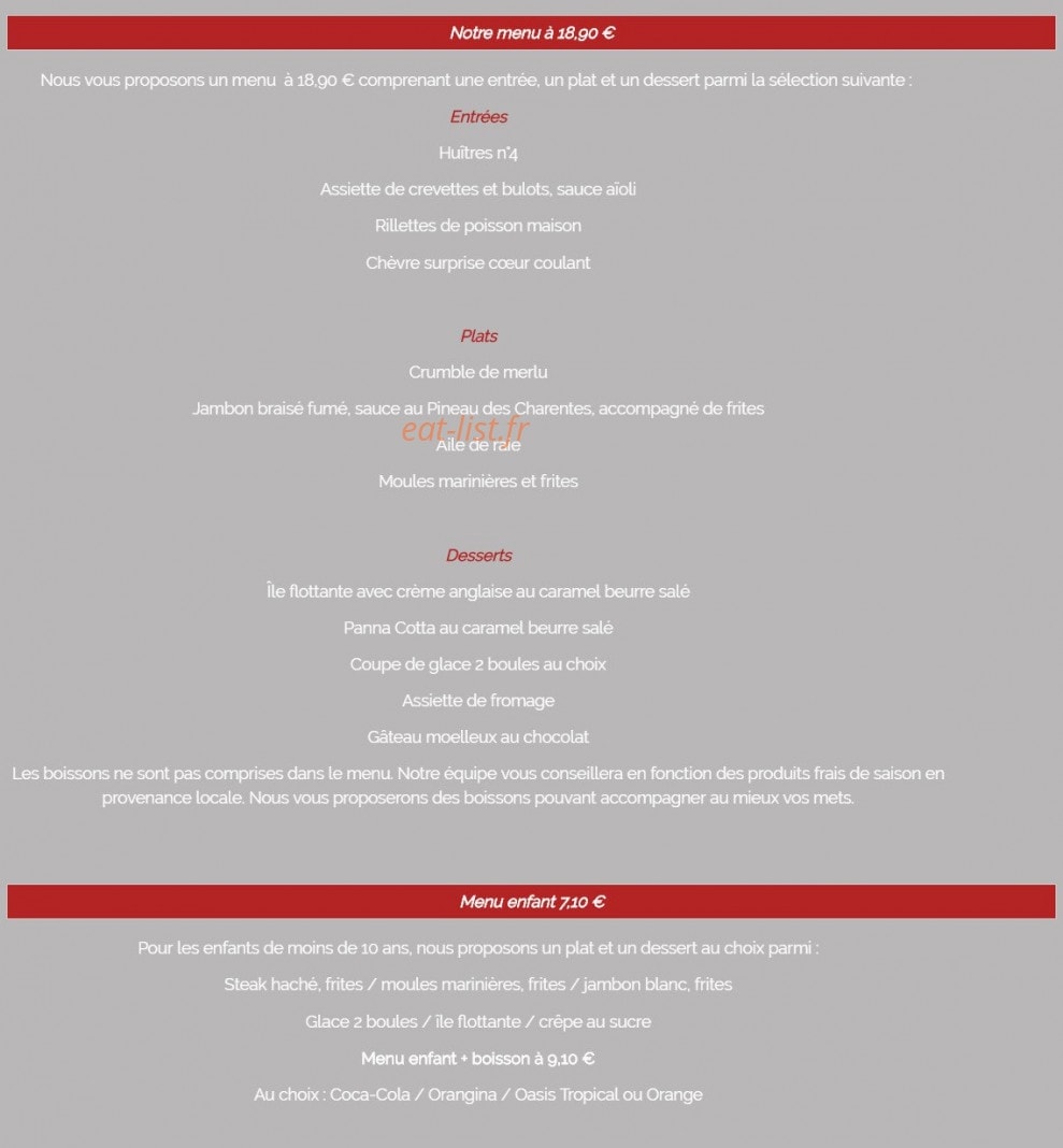 Carte et menu de Restaurant du Port à Le Chateau d'Oleron — Les menus