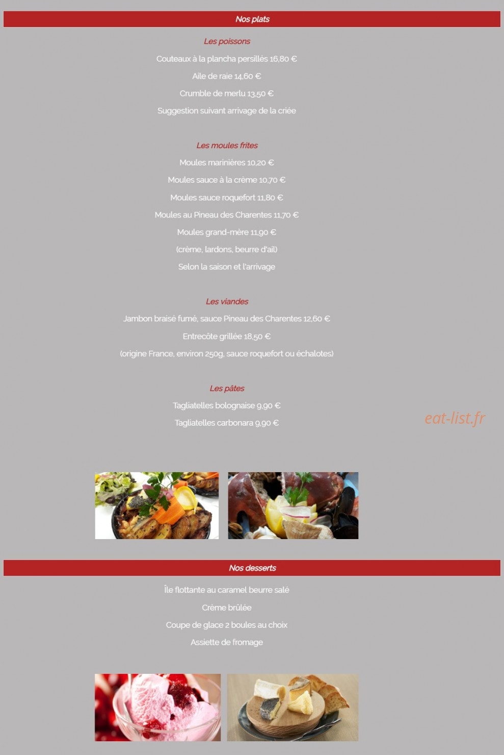 Carte et menu de Restaurant du Port à Le Chateau d'Oleron — Les plats et desserts