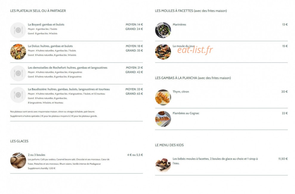 Carte et menu de La Moule à Facettes à Dolus d'Oleron — Les plateaux seul, glaces, ...