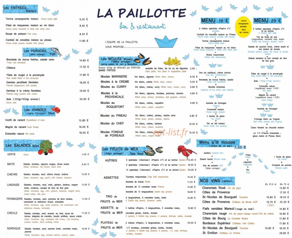 Carte et menu de La Paillotte à Les Mathes — Entrées, poissons, viandes...