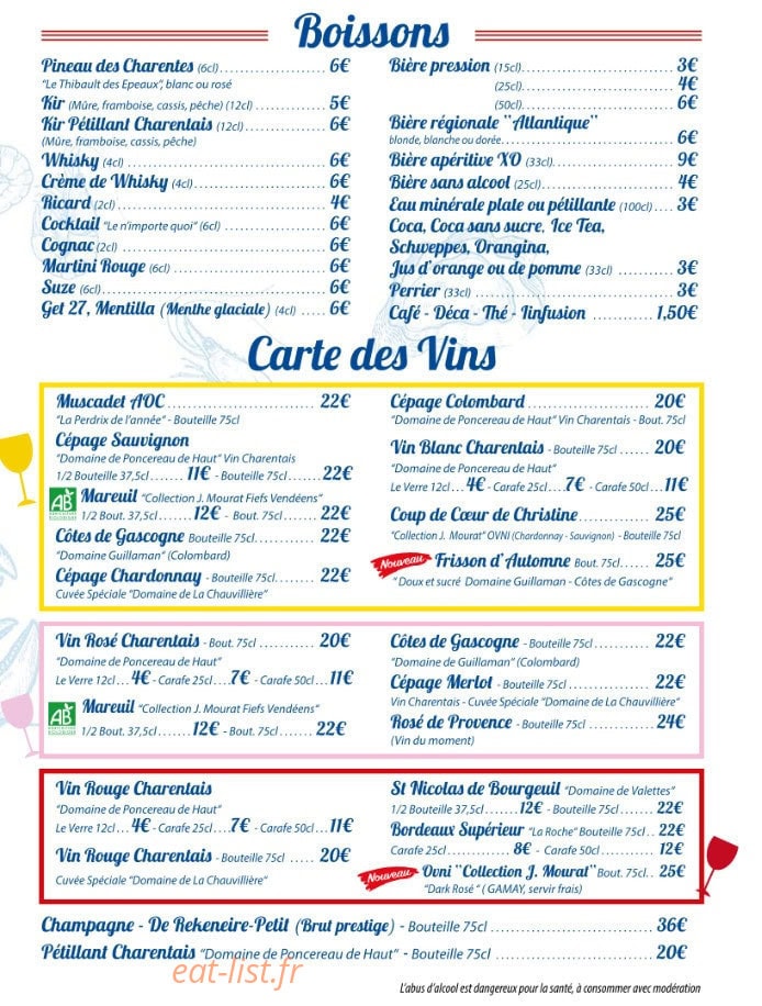 Carte et menu de Chez Christine et Jean-Luc à L' Eguille — Boissons et vins