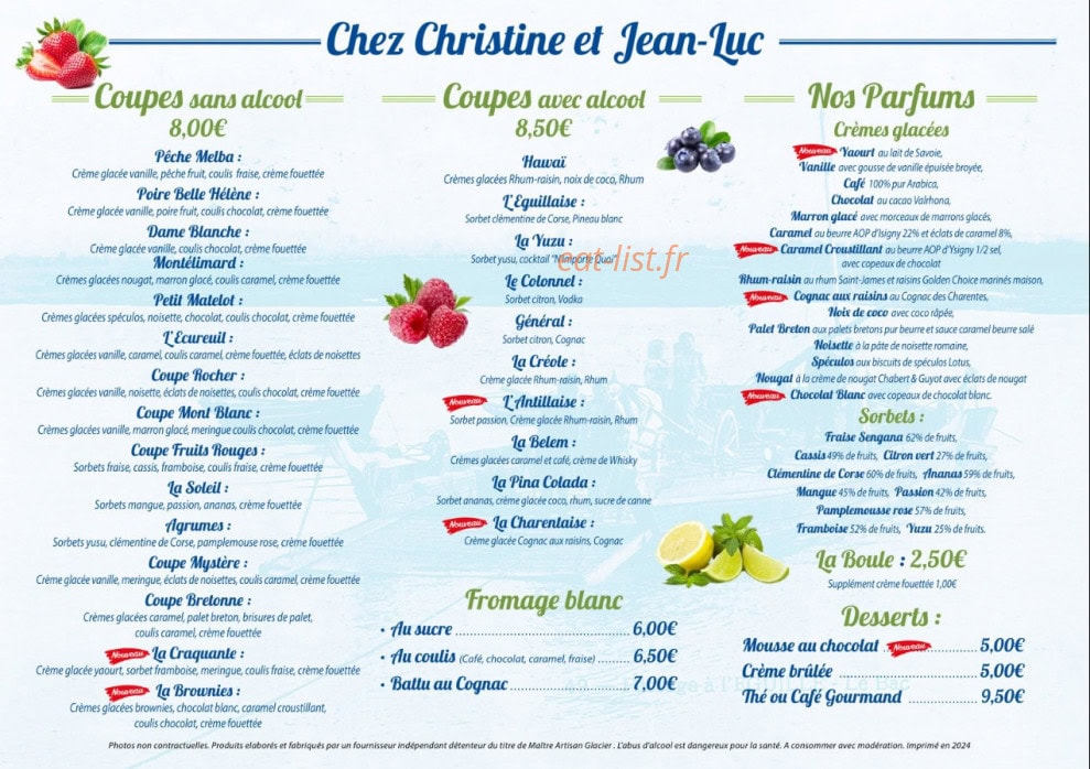 Carte et menu de Chez Christine et Jean-Luc à L' Eguille — Glaces et desserts