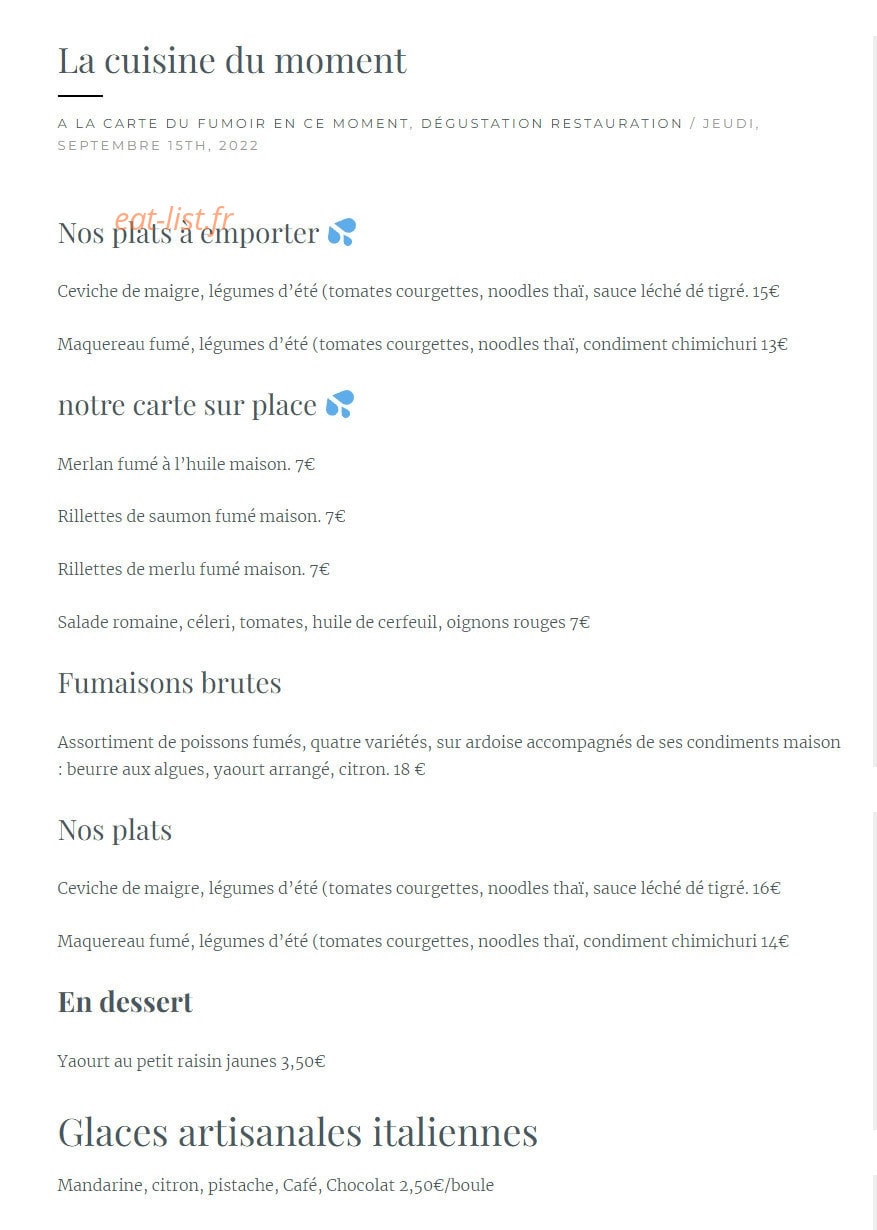 Carte et menu de Fumoir D'Angoulins à Angoulins — La carte
