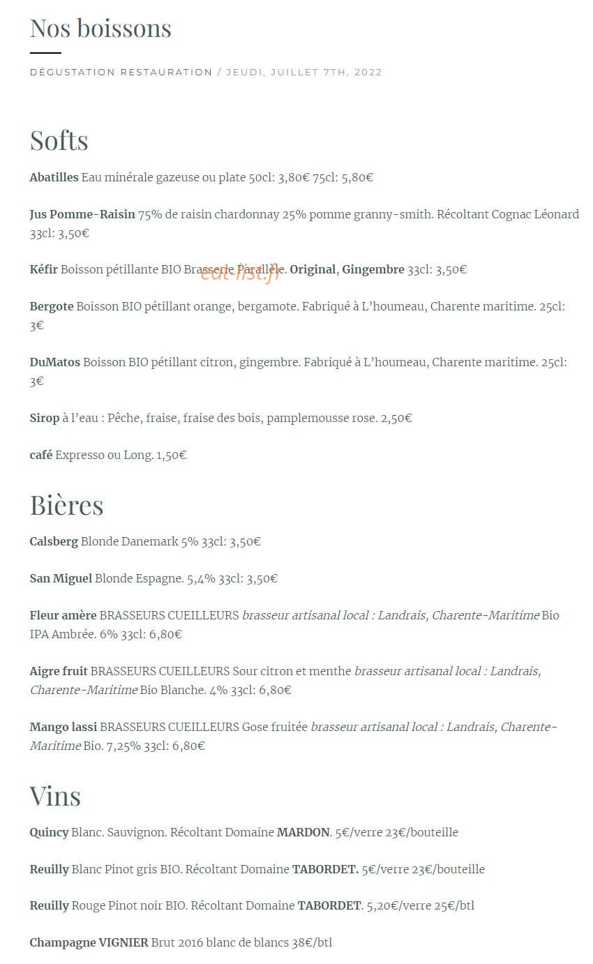 Carte et menu de Fumoir D'Angoulins à Angoulins — Les boissons, softs, ...