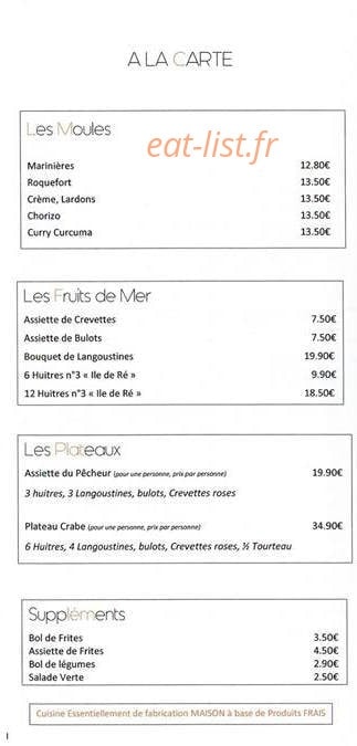 Carte et menu de Le Rochebonne à Angoulins — Moules, fruits de mer, plateaux,...