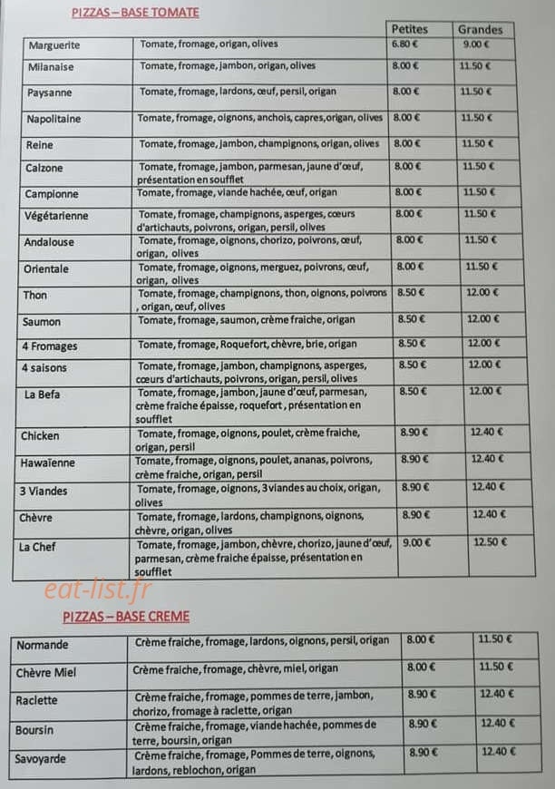 Befa Pizza — carte page 1