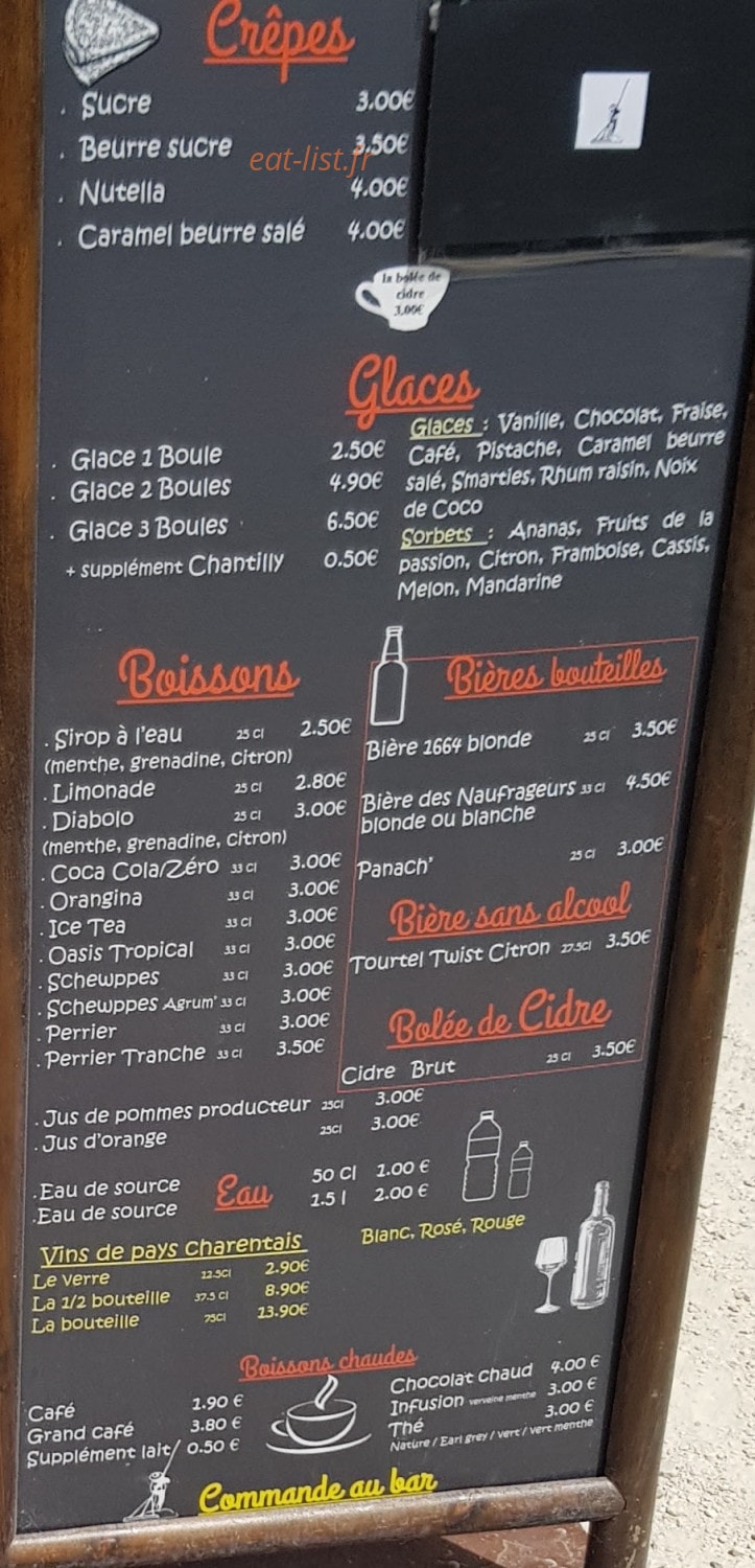 Carte et menu de Ferme Aquacole de L'Île Madame à Port des Barques — Les crêpes, glaces, ...