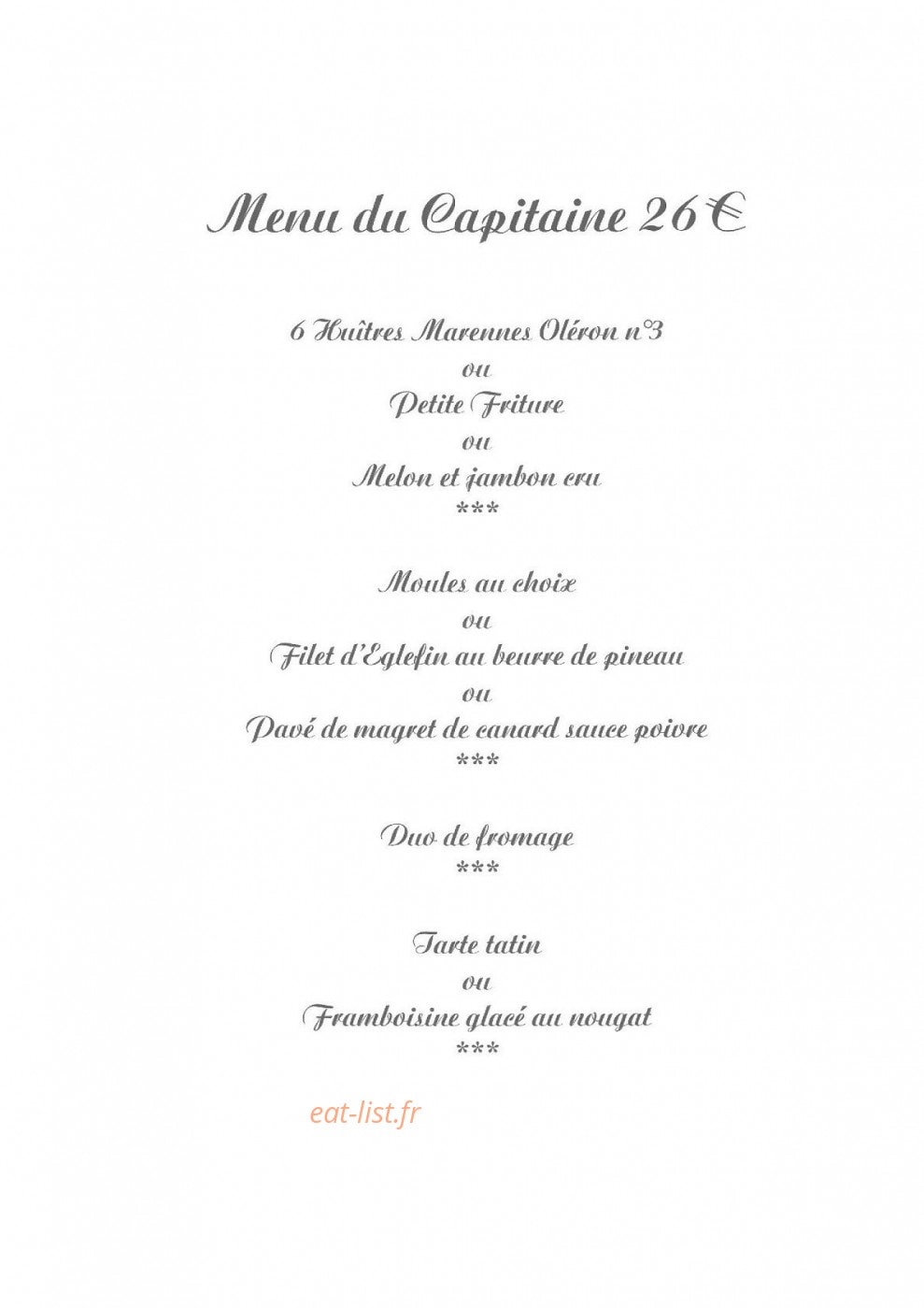 Carte et menu de L'escale De Lupin à Saint Nazaire sur Charente — Menu du capitaine