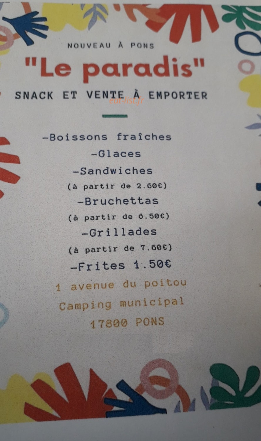 Snack bar Le Paradis — carte page 1