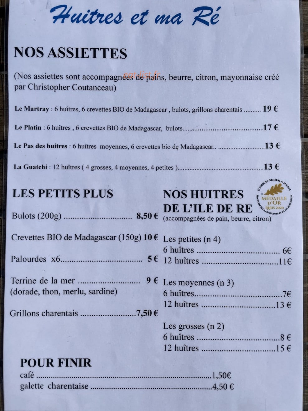 Carte et menu de Huîtres et Ma Ré à Rivedoux Plage — La carte