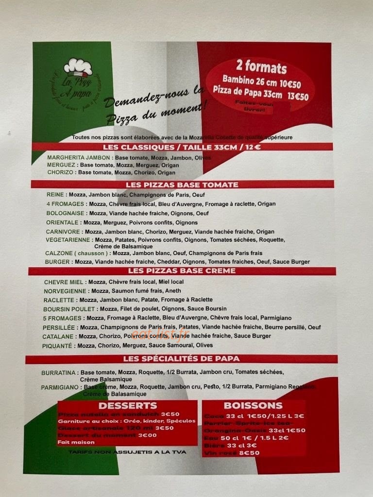 La Pizz à Papa — carte page 2