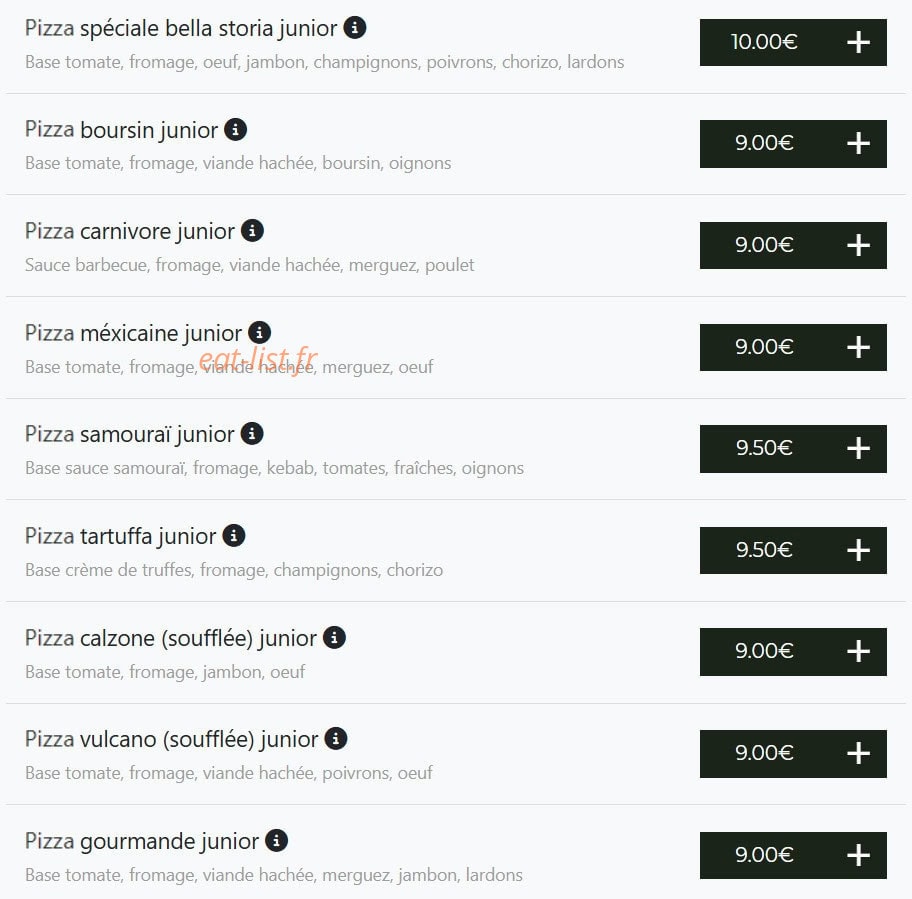 Carte et menu de Bella pizza à Vierzon — Pizzas junior