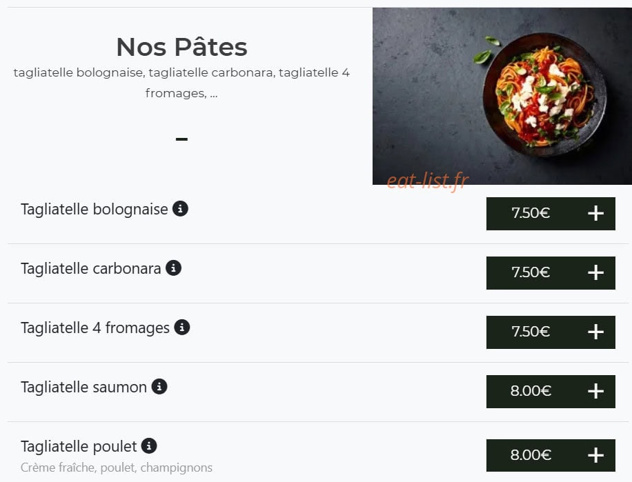 Carte et menu de Bella pizza à Vierzon — Les pates
