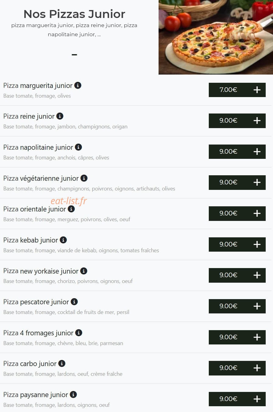 Carte et menu de Bella pizza à Vierzon — Pizzas junior
