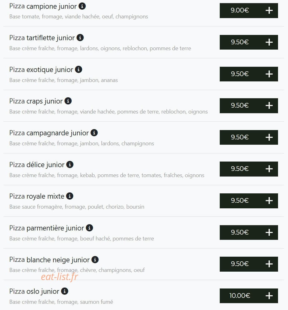 Carte et menu de Bella pizza à Vierzon — Pizzas junior