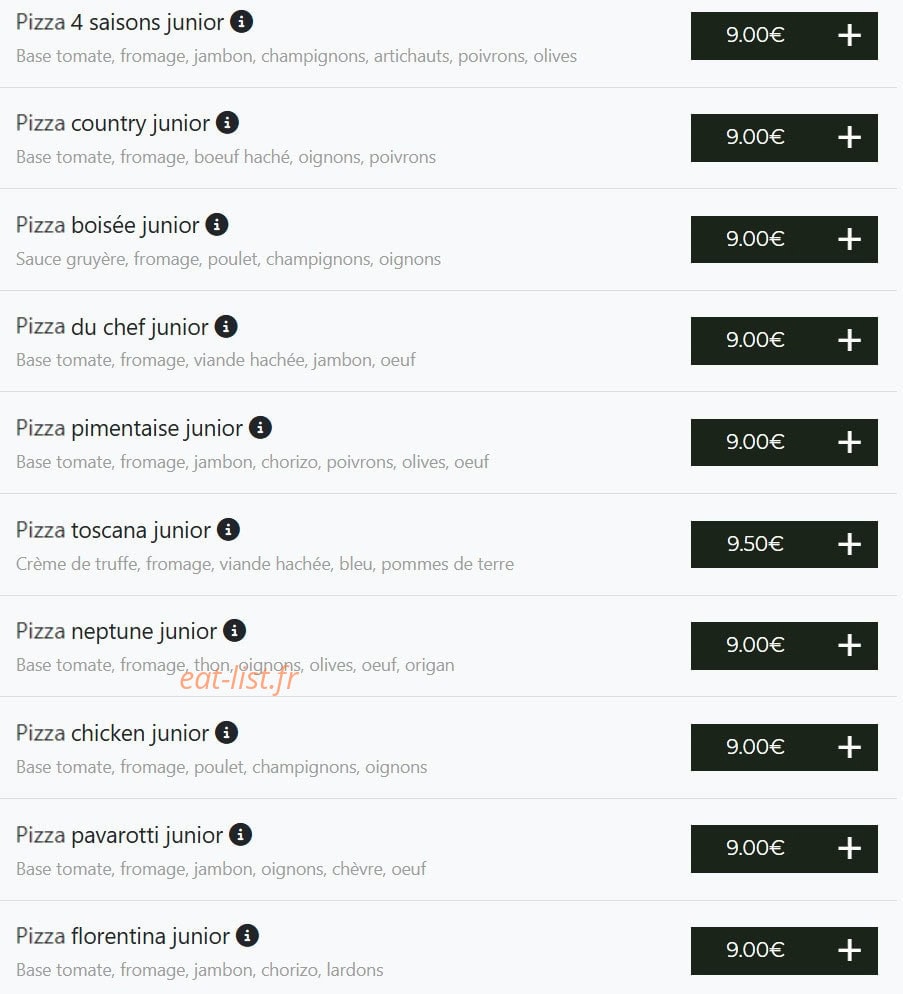 Carte et menu de Bella pizza à Vierzon — Pizzas junior