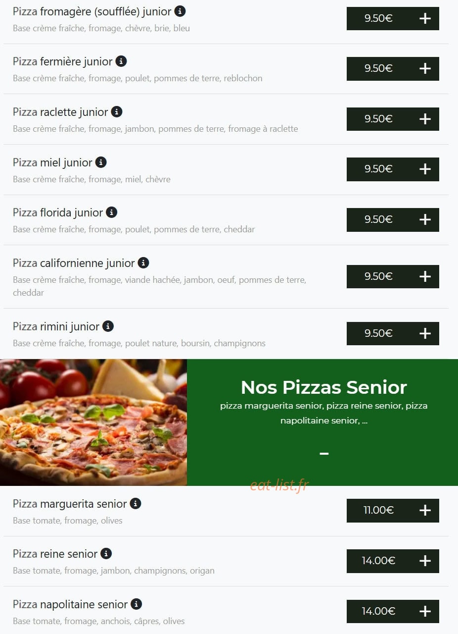 Carte et menu de Bella pizza à Vierzon — Pizzas junior et Pizzas senior