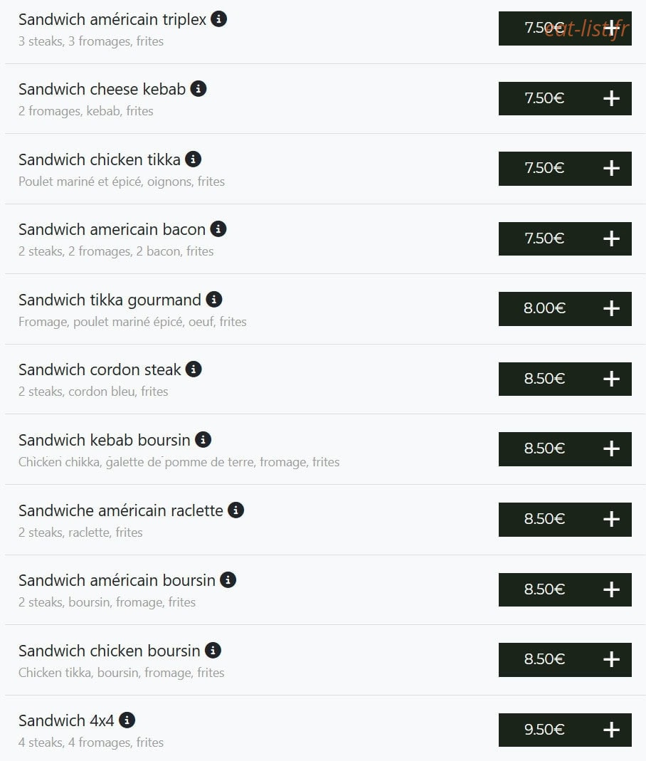 Carte et menu de Bella pizza à Vierzon — Sandwiches