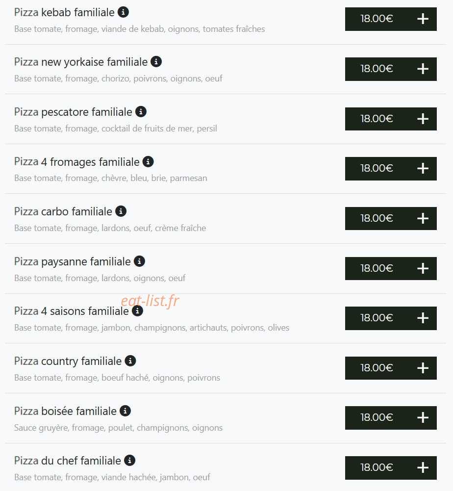 Carte et menu de Bella pizza à Vierzon — Pizzas familiale