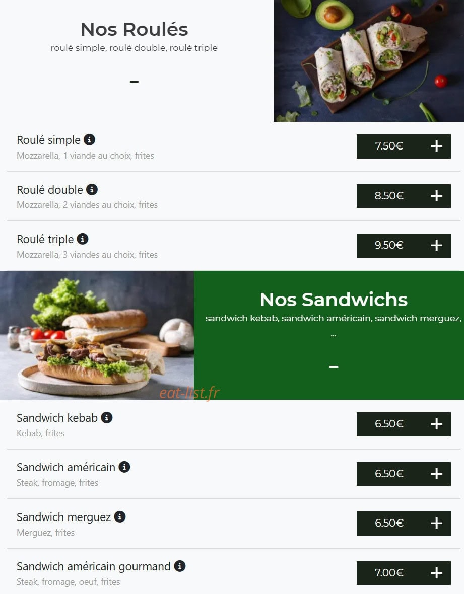Carte et menu de Bella pizza à Vierzon — Les roulés et sandwiches