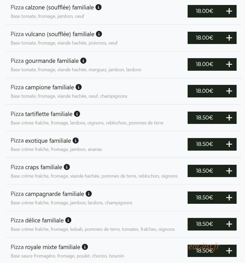 Carte et menu de Bella pizza à Vierzon — Pizzas familiale