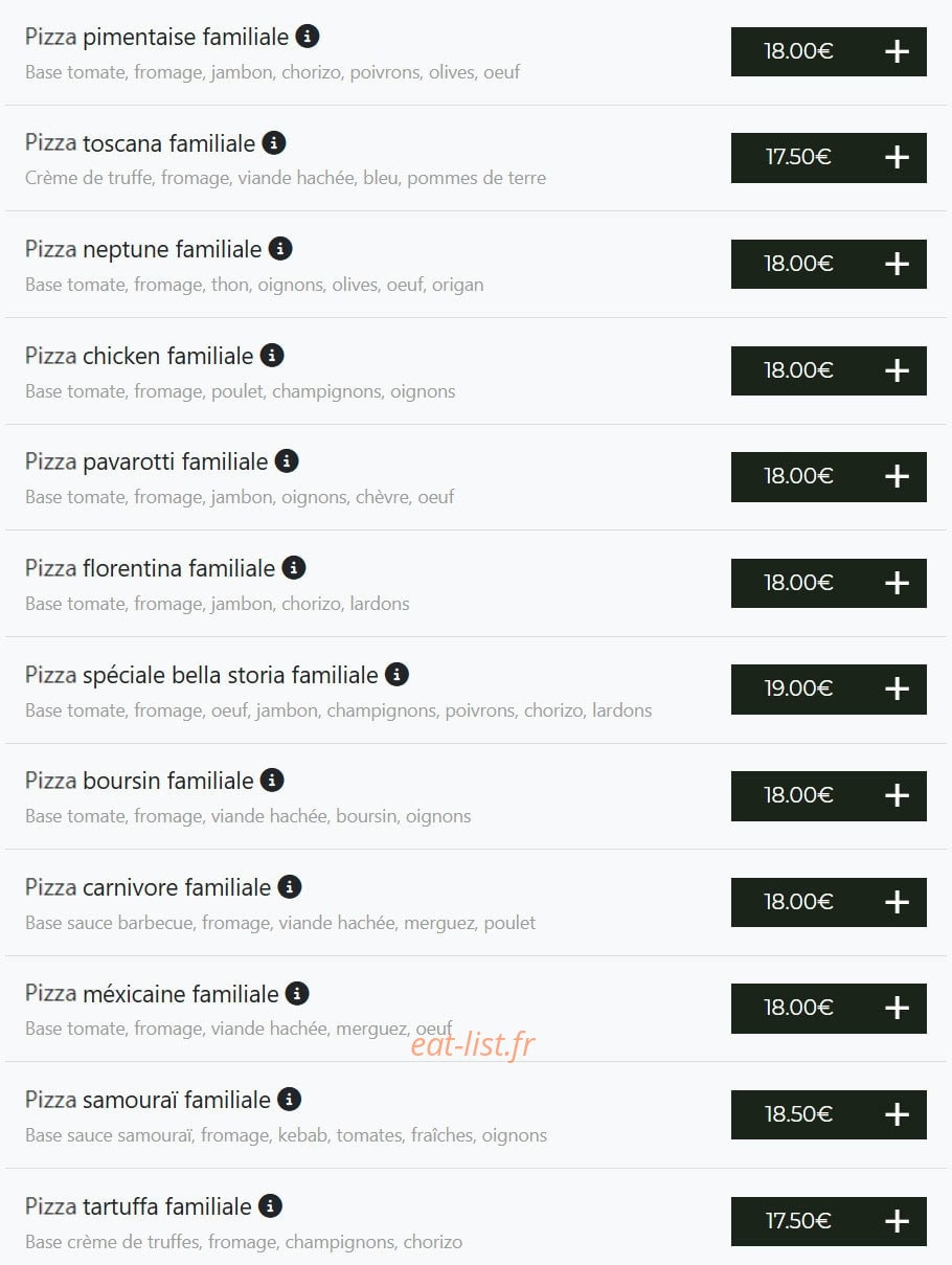 Carte et menu de Bella pizza à Vierzon — Pizzas familiale