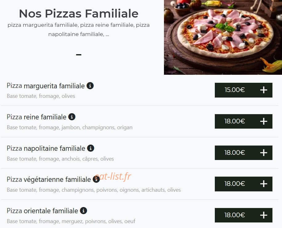 Carte et menu de Bella pizza à Vierzon — Pizzas familiale