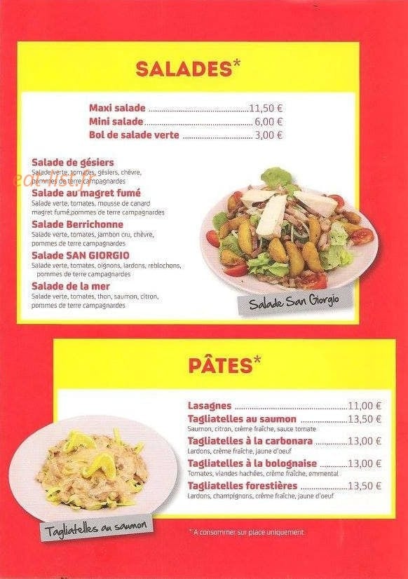 Carte et menu de Le san giorgio à Saint Georges sur Moulon — Salades et pâtes