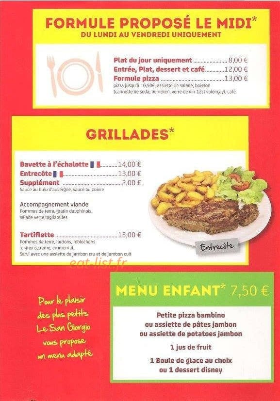 Carte et menu de Le san giorgio à Saint Georges sur Moulon — Formules et grillades