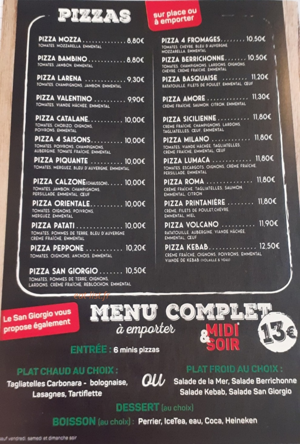 Carte et menu de Le san giorgio à Saint Georges sur Moulon — Pizzas et menu complet