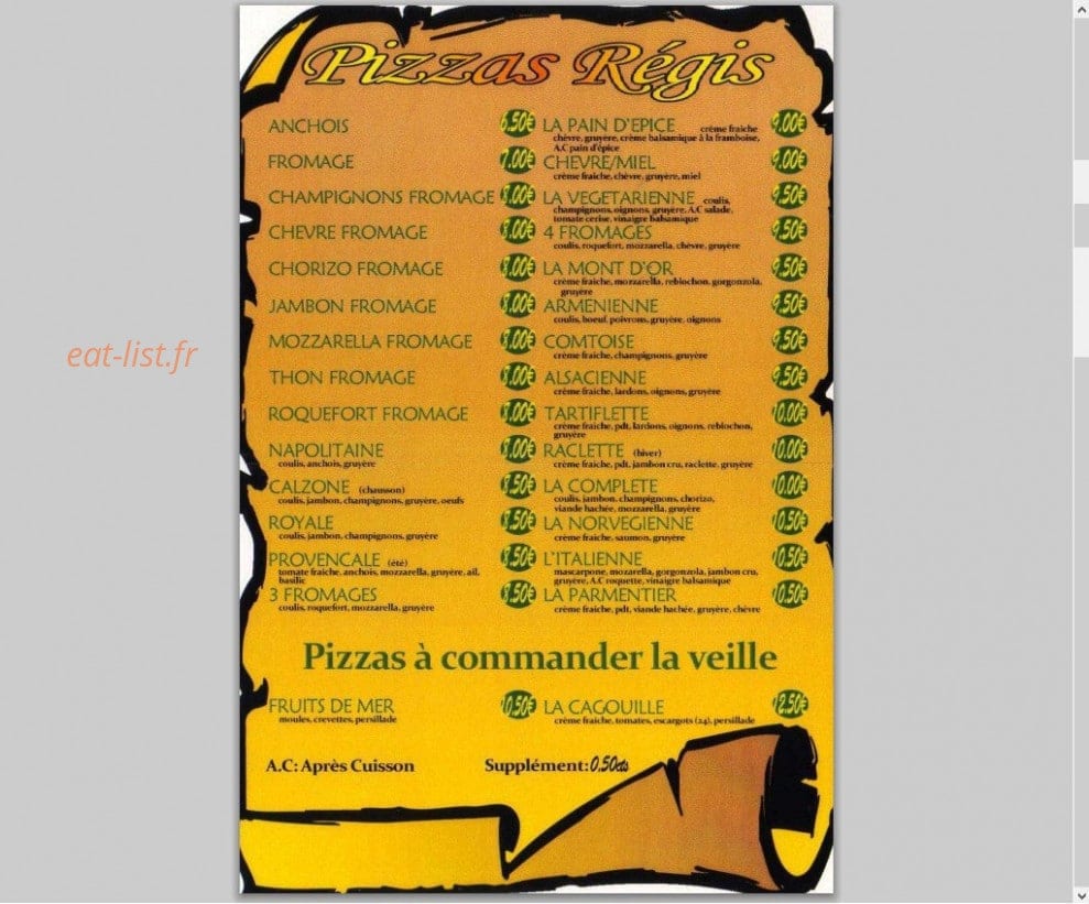 Les Pizzas Régis — carte page 2