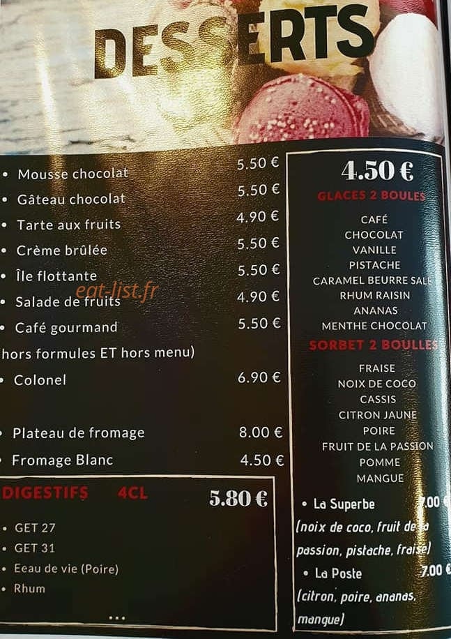 Carte et menu de Brasserie de la Poste à La Guerche sur l'Aubois — les desserts
