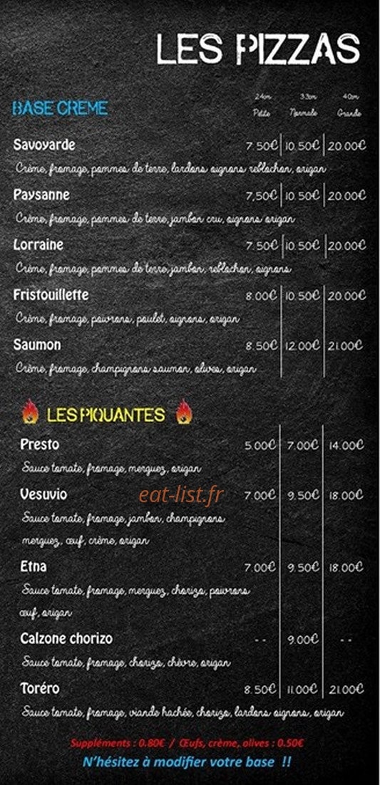 Carte et menu de La Fristouille à La Guerche sur l'Aubois — Le base crème et piquantes
