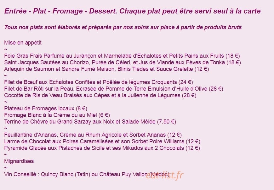 Carte et menu de Auberge de l'Abbaye de Noirlac à Bruere Allichamps — Menu carte a 42Euro