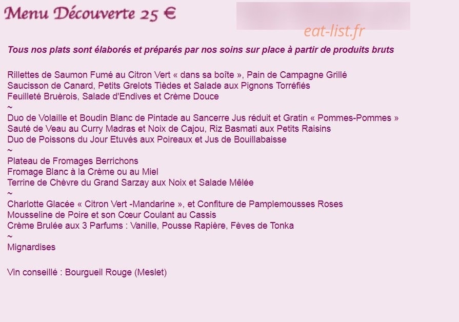 Carte et menu de Auberge de l'Abbaye de Noirlac à Bruere Allichamps — Menu decouverte